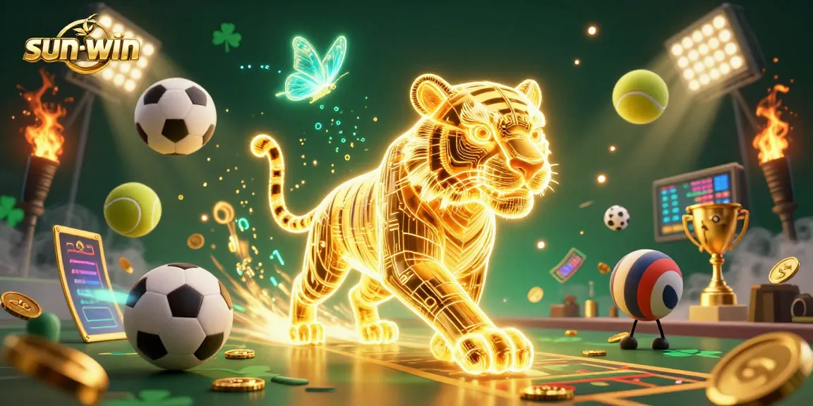 Experience thrill at sun-win with a neon golden tiger and vibrant casino elements.