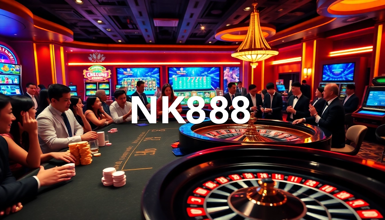 Experience the thrill of gambling at NK888 casino with vibrant gaming tables and poker chips.