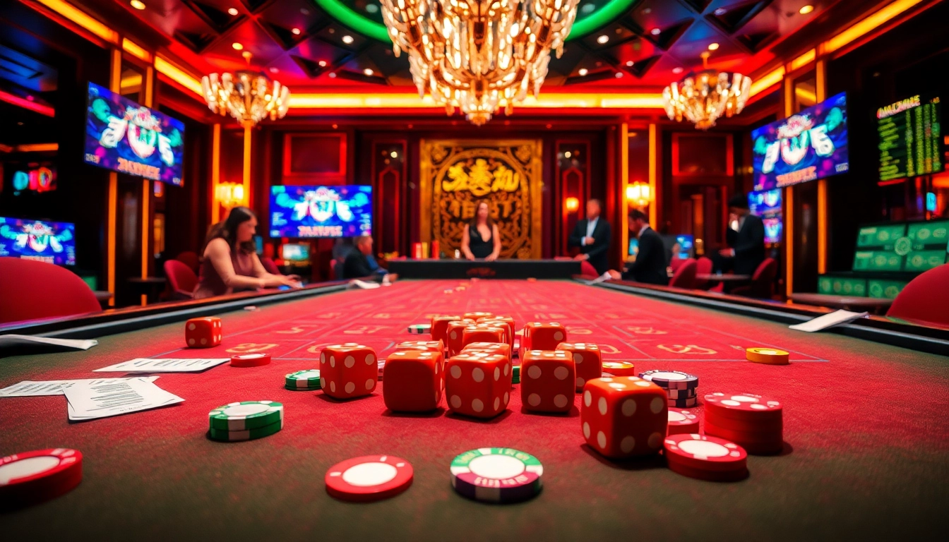 Experience the thrills of ไฮโล Evolution ขั้นต่ำต่ำ at a luxury casino table with vibrant dice and chips in play.