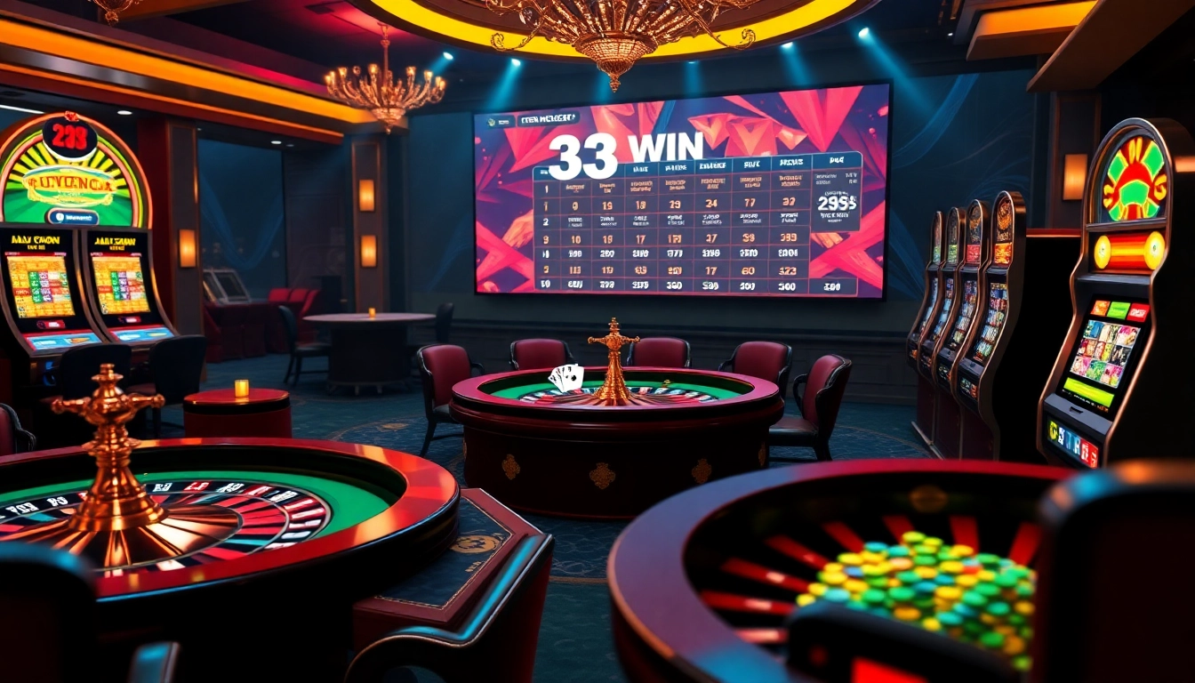 33WIN online casino scene showcasing vibrant poker games and roulette excitement.