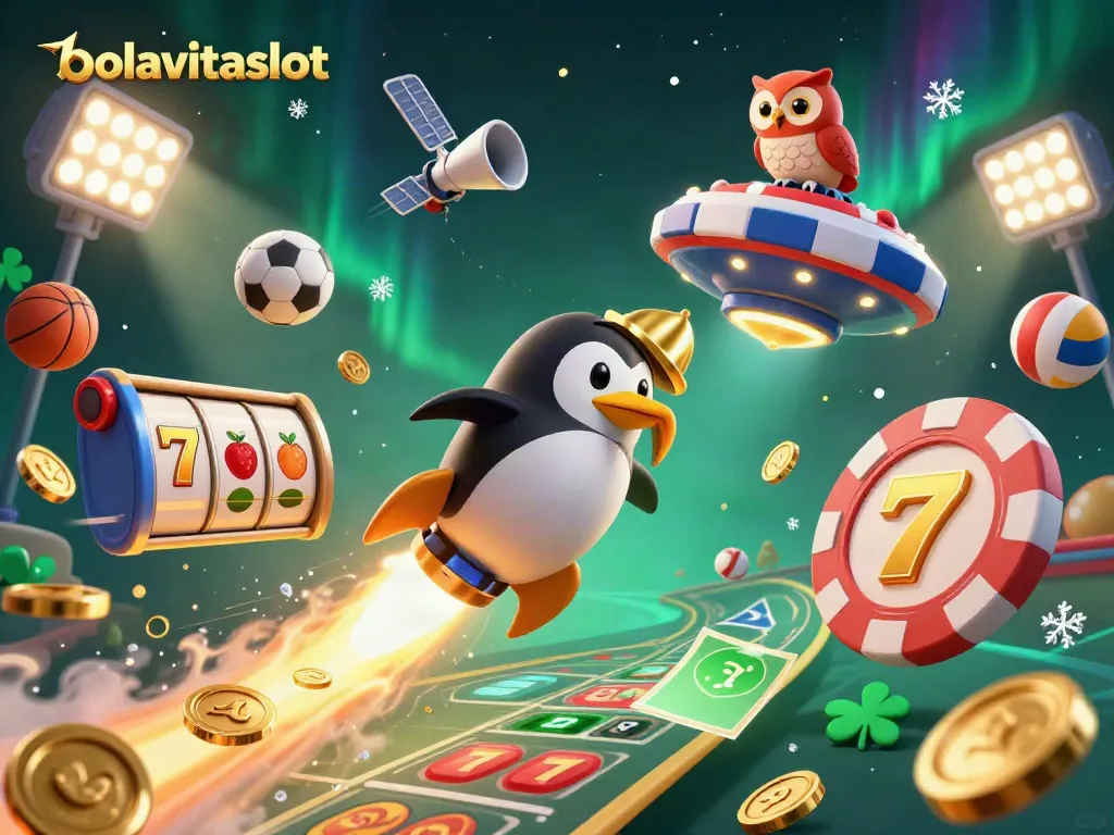 Experience the thrill of bolavitaslot with a golden penguin racing towards a vibrant casino in a cosmic scene.