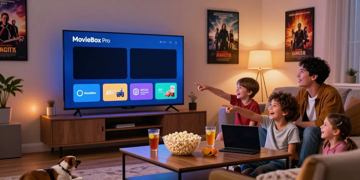 Family enjoying movie night using the MovieBox Pro app official website on a smart TV, creating a cozy atmosphere.