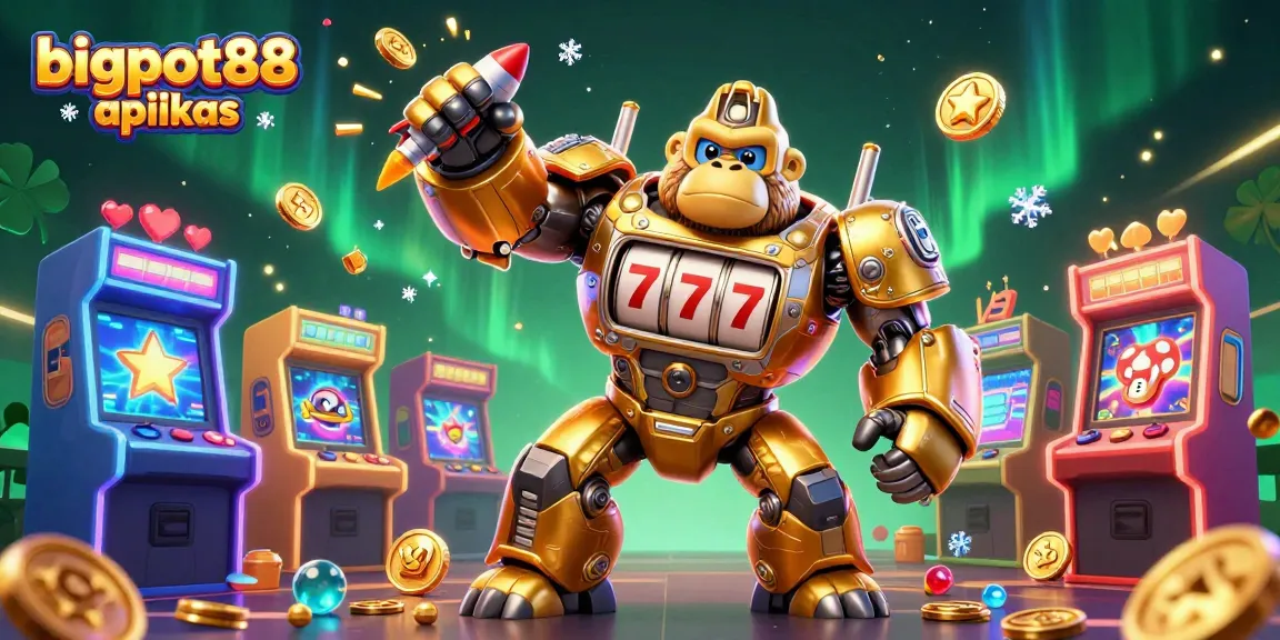 Engage with bigpot88 aplikas in a dynamic 3D illustration featuring a golden gorilla mech with slot machine elements.