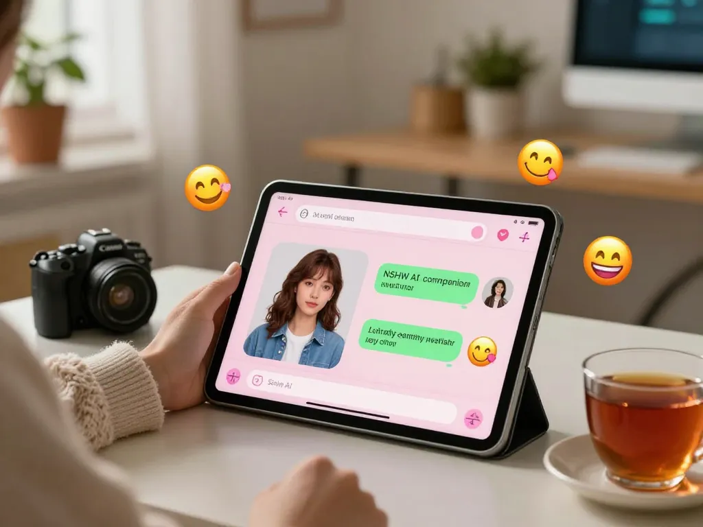 Interactive sex chat ai experience on a cozy home setup with tablet and tea.
