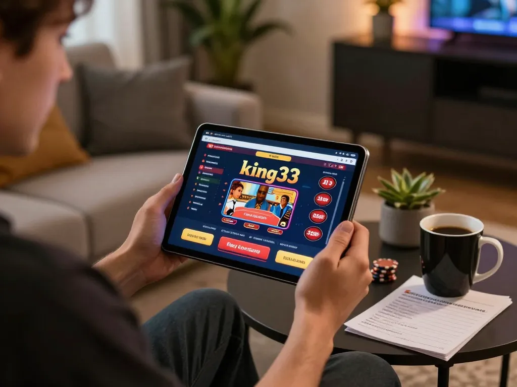 Engaging in online gaming on king33 with cozy home setup and tablet showing betting options