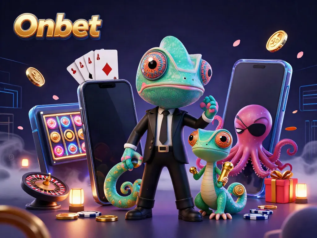 Experience thrilling casino excitement with Onbet, featuring a secret agent chameleon, gadgets, and playful gambling elements.