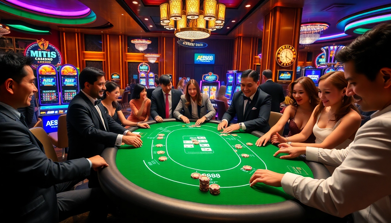 Players enjoying a thrilling game at AE888 casino with vibrant poker tables and excitement.