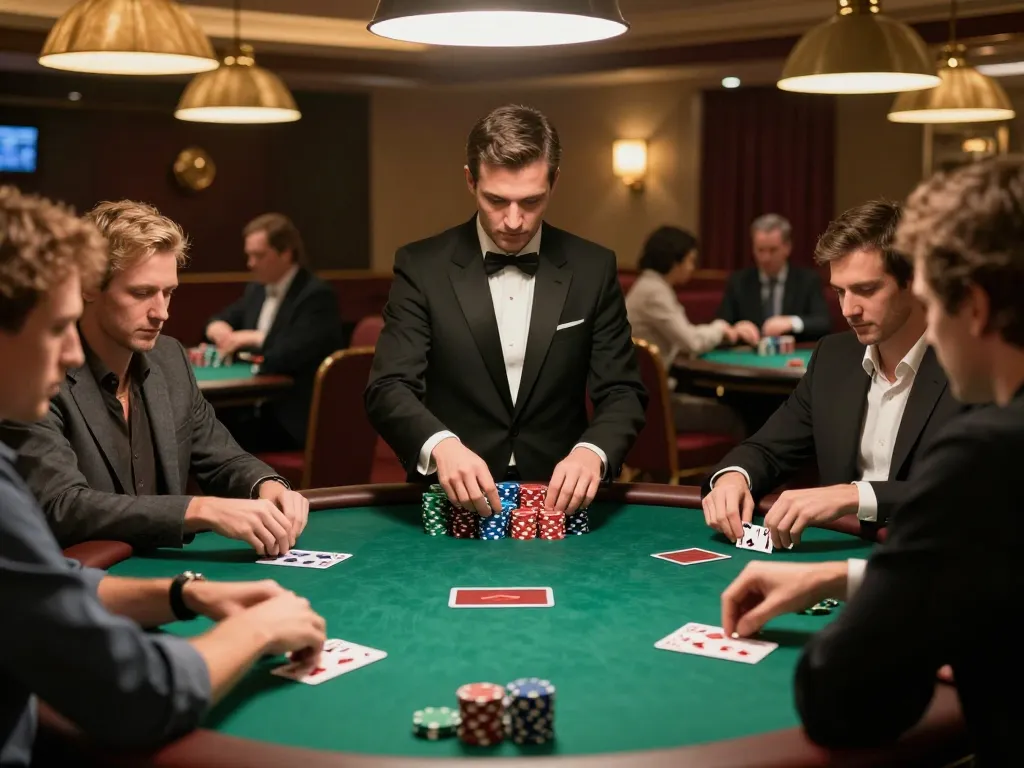Players engaging in a strategic poker game at 32win casino, showcasing chips and dealer action.