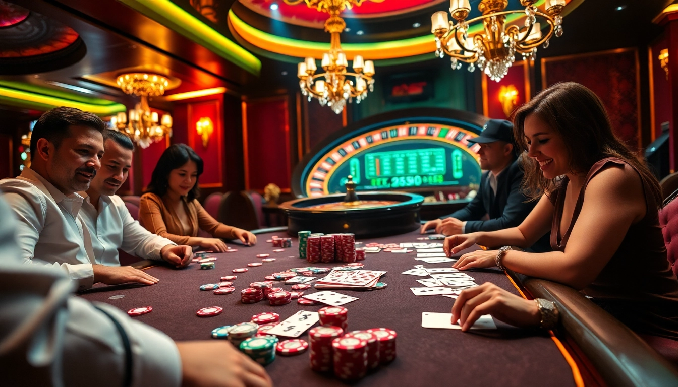Players engaged in a high-stakes poker game at a casino promoting Link ok8386 with vibrant chips and cards.