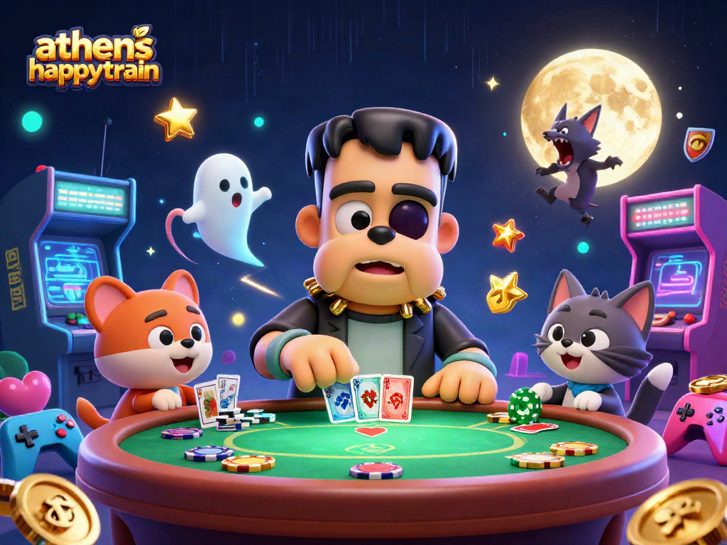 Combine exciting card games with athenshappytrain in a thrilling poker scene featuring colorful casino elements.