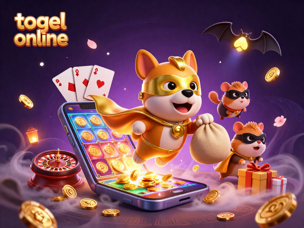 Menggali togel online dengan superhero anjing dan binatang pendukung, simbol poker chip di langit