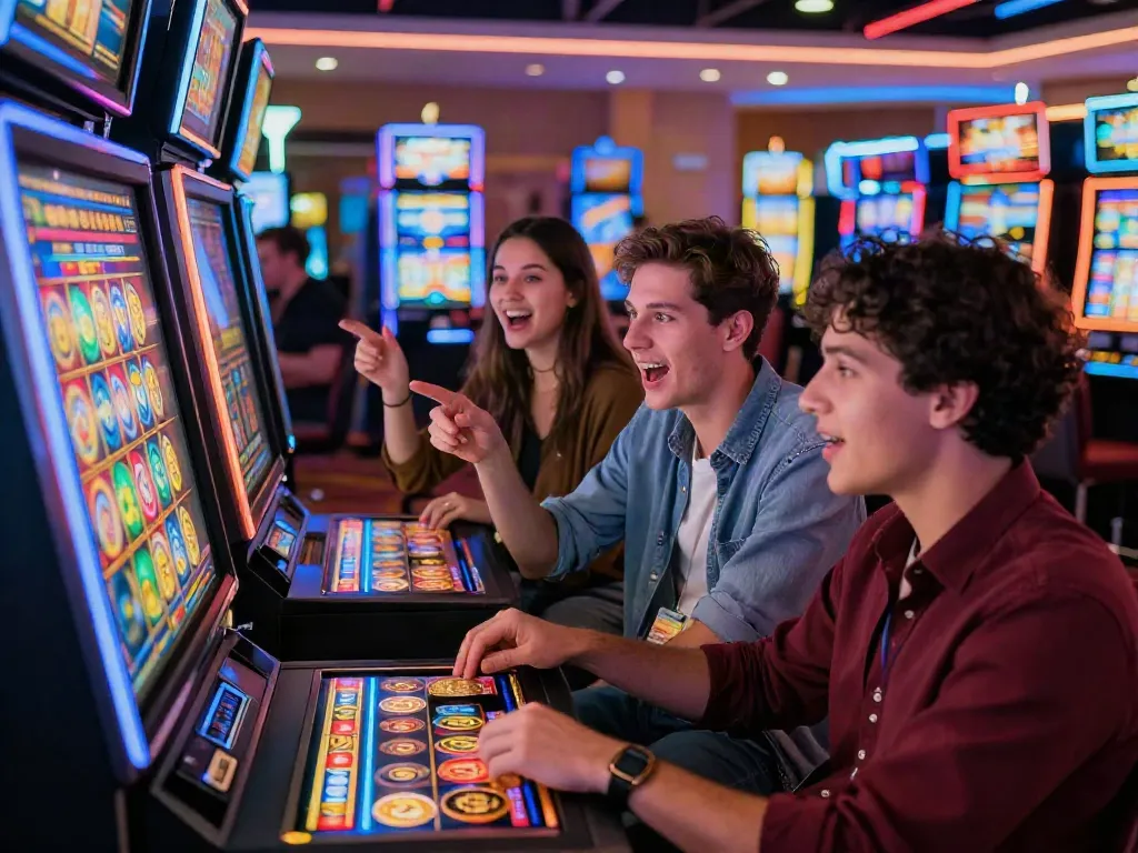 Players engaging with a slot machine in a lively casino environment full of excitement.