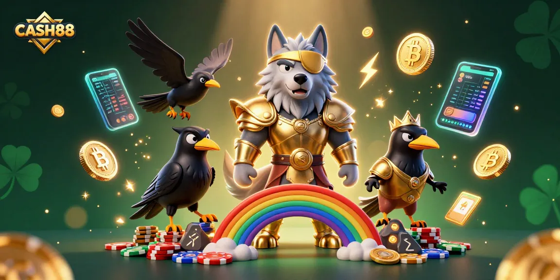 CASH88 offers a thrilling gaming experience with a cartoon Norse-inspired wolf and ravens, surrounded by vibrant casino elements.