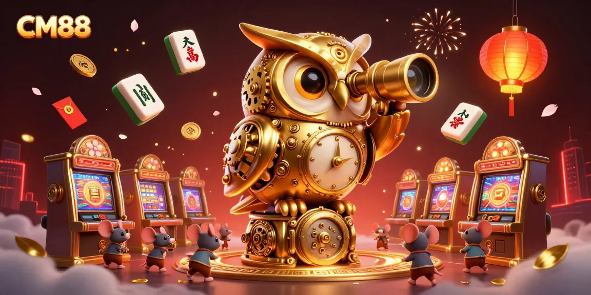 Experience the excitement at CM88 with a clockwork owl scanning the casino floor filled with lively characters.