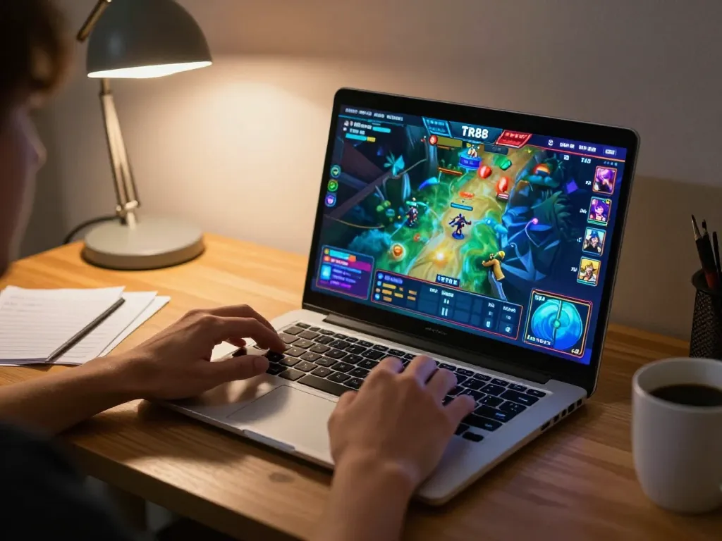 Engaging gameplay of Tr88 game on a laptop, showing strategic online gaming atmosphere at home.