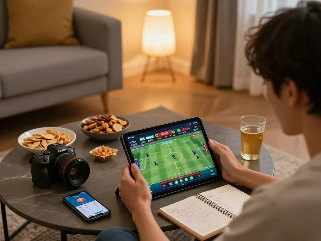 Xoilac TV user engaged in online sports betting, showcasing a cozy gaming environment with strategic notes and live odds.