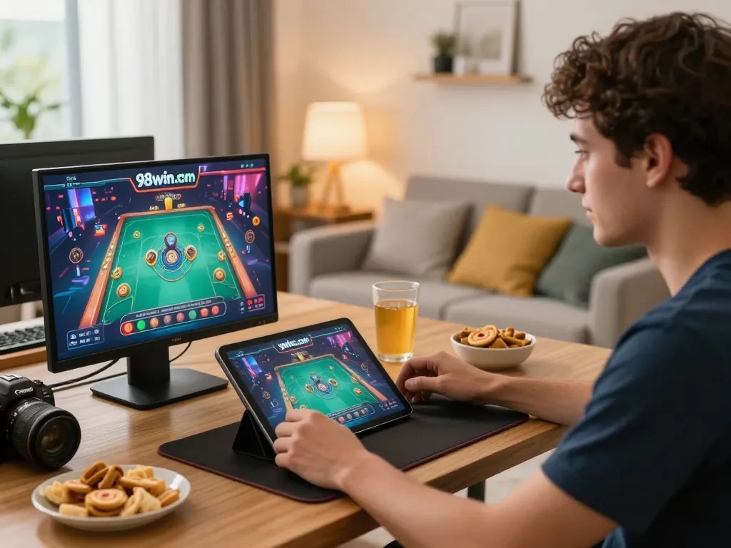 Player engaging with live dealer games at 98win com in a cozy home setting