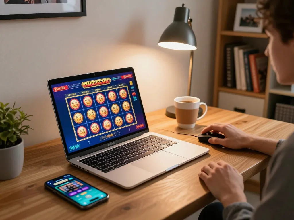 Bermain permainan slot online di pengaturan gaming rumah yang nyaman, menampilkan antarmuka laptop dan aplikasi smartphone.