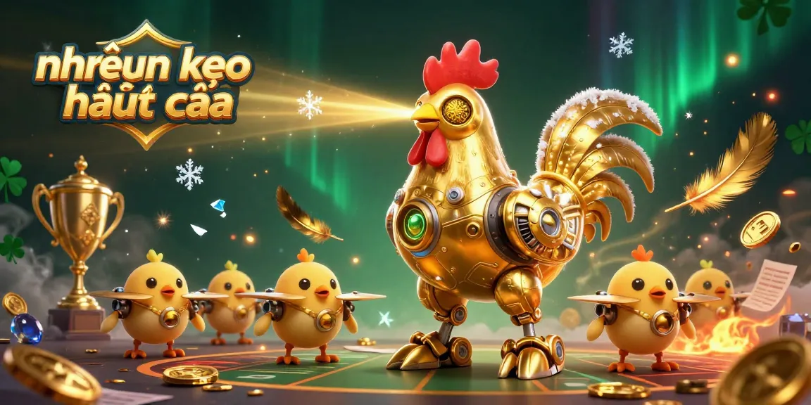 Engage with innovative nhận định kèo nhà cái strategies through a vibrant scene featuring a golden rooster robot and baby chick drones.
