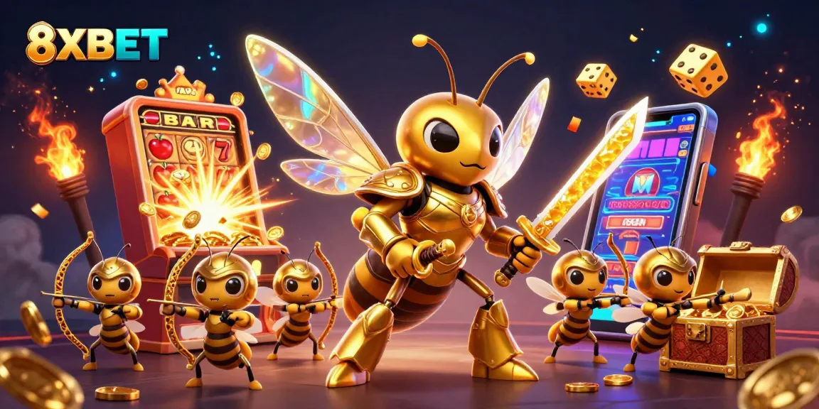 Win big with 8XBET in a dynamic casino scene featuring golden hornets and jackpot excitement