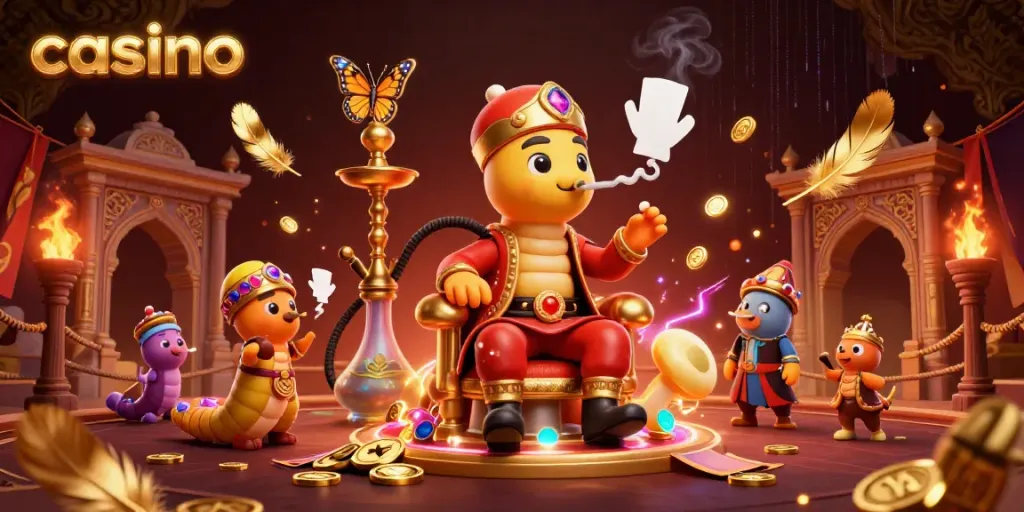Join the magical casino journey with an enormous caterpillar in a whimsical setting.