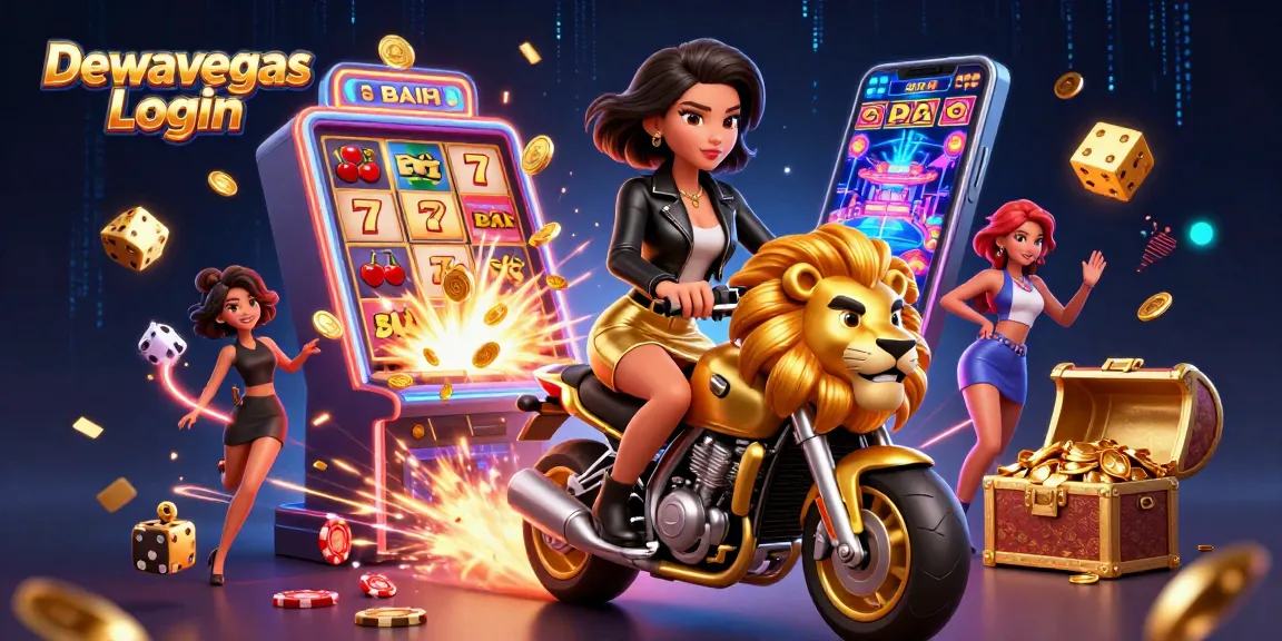 Experience Dewavegas Login with a dramatic 3D casino scene featuring a stylish character and dynamic slot game action.