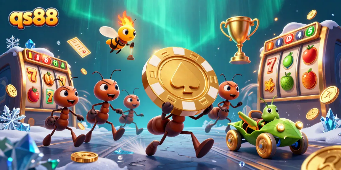 Experience qs88 with gambling excitement as cartoon ants carry a giant poker chip in this vibrant casino scene.