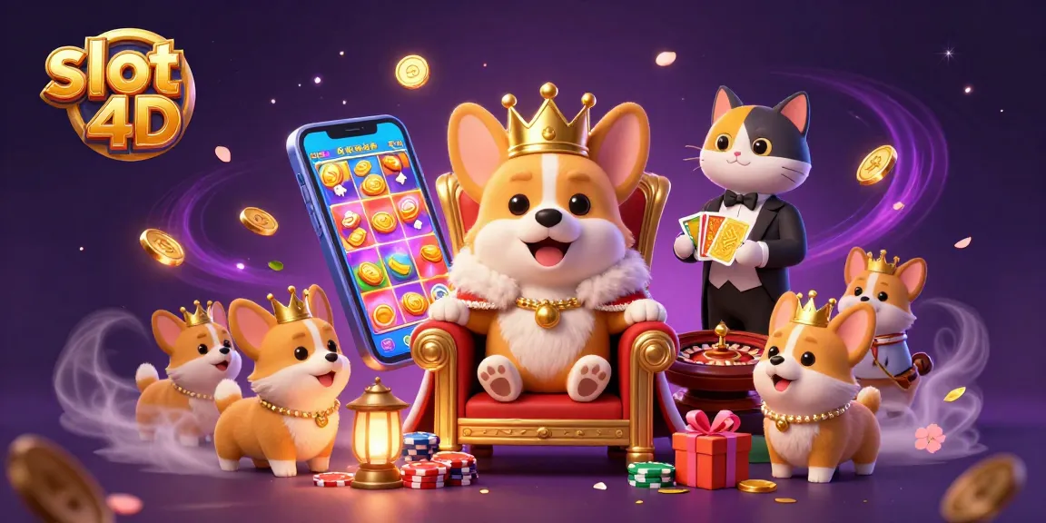 Experience the excitement of slot 4D as a royal corgi oversees a vibrant casino scene filled with dynamic gaming elements.
