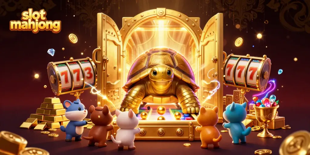 Experience excitement with slot mahjong, featuring a golden tortoise pinball machine surrounded by zoo animals and treasure.