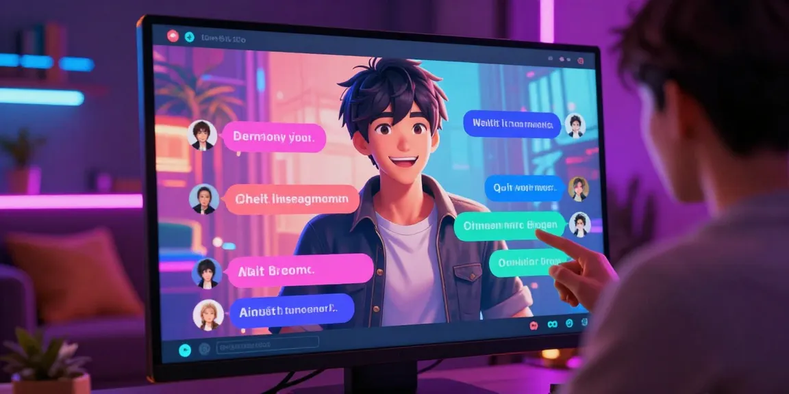 Engaging scene showing a user interacting with a character in a hentai ai chat interface, showcasing vibrant colors and neon lighting.