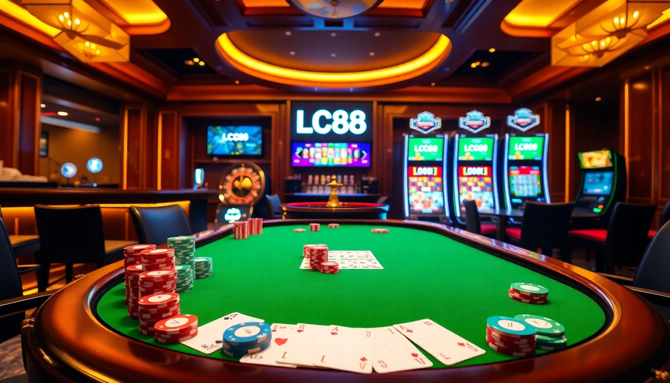 LC88 casino scene showcasing vibrant gaming tables, poker chips, and roulette wheels.