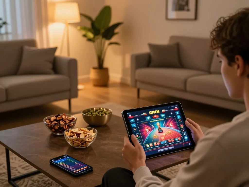 Engaging with TG88 CAM online casino app on a tablet in a cozy living room setting.