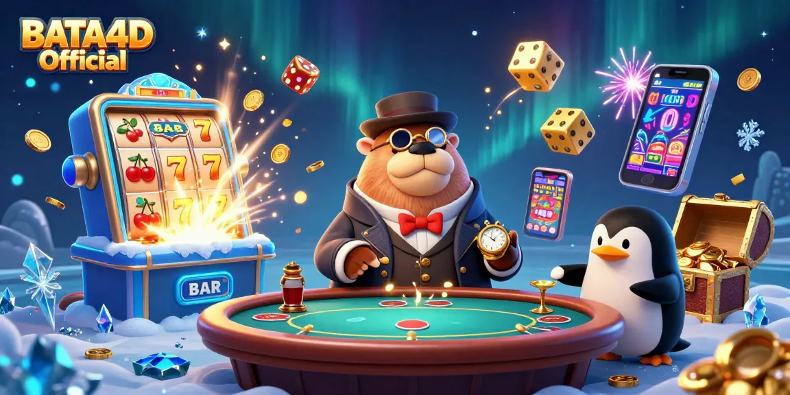 Gambarlah suasana menyenangkan di BATA4D Official dengan karakter lucu sedang bermain poker dan slot.