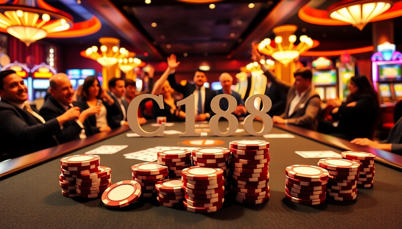 C168 poker table with players excitedly placing bets in a vibrant casino setting.