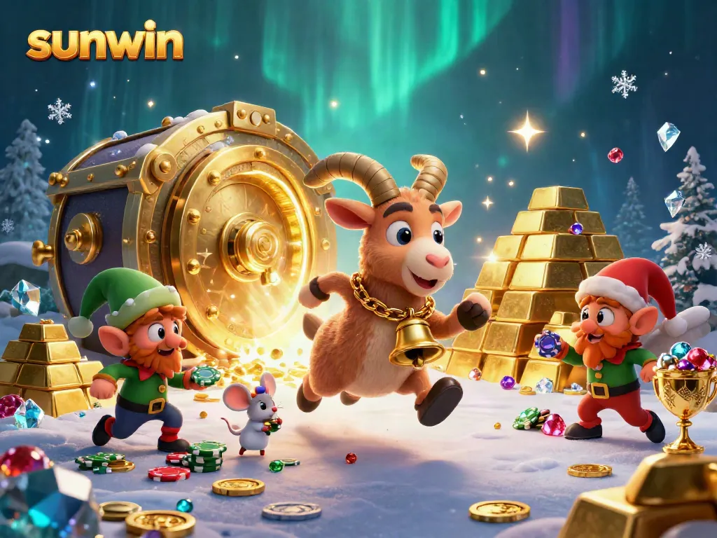 Experience the thrill of sunwin with festive characters in a lively casino scene filled with treasures.