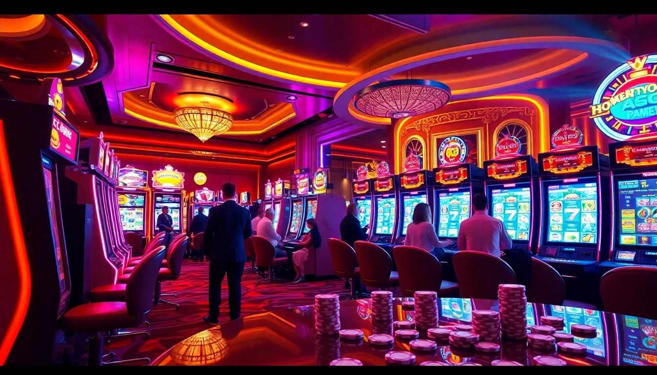 Players enjoying exciting slot gacor machines in a vibrant casino atmosphere filled with lights.