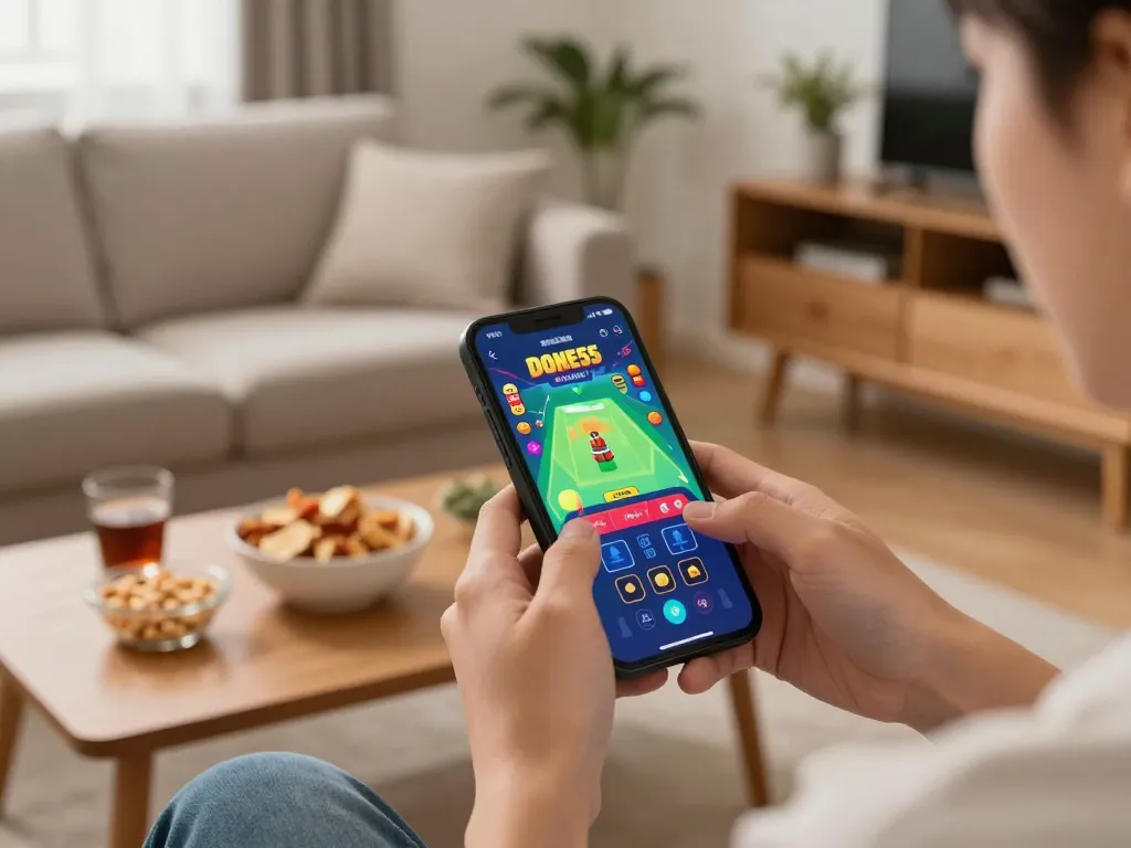 Player enjoying the done55 game on a smartphone in a cozy home setting, featuring vibrant game graphics.