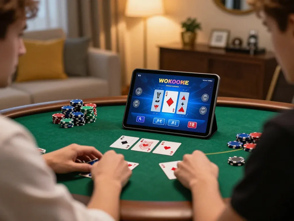 Kuwin player using tablet for online poker, showcasing strategic gameplay in a cozy home setting.