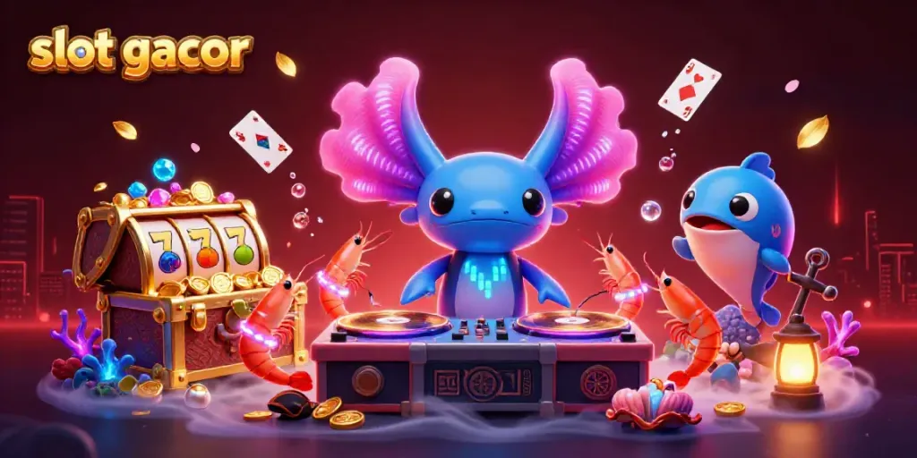 Engaging scene featuring a vibrant 3D DJ axolotl, celebrating with shrimp dancers at a slot gacor casino event.