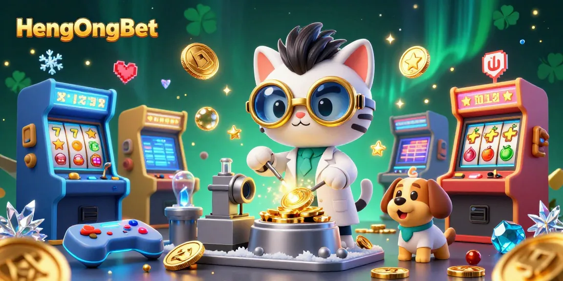 Engage with HengOngBet's vibrant gaming world featuring a mad scientist cat, dog assistant, and exciting slot elements.