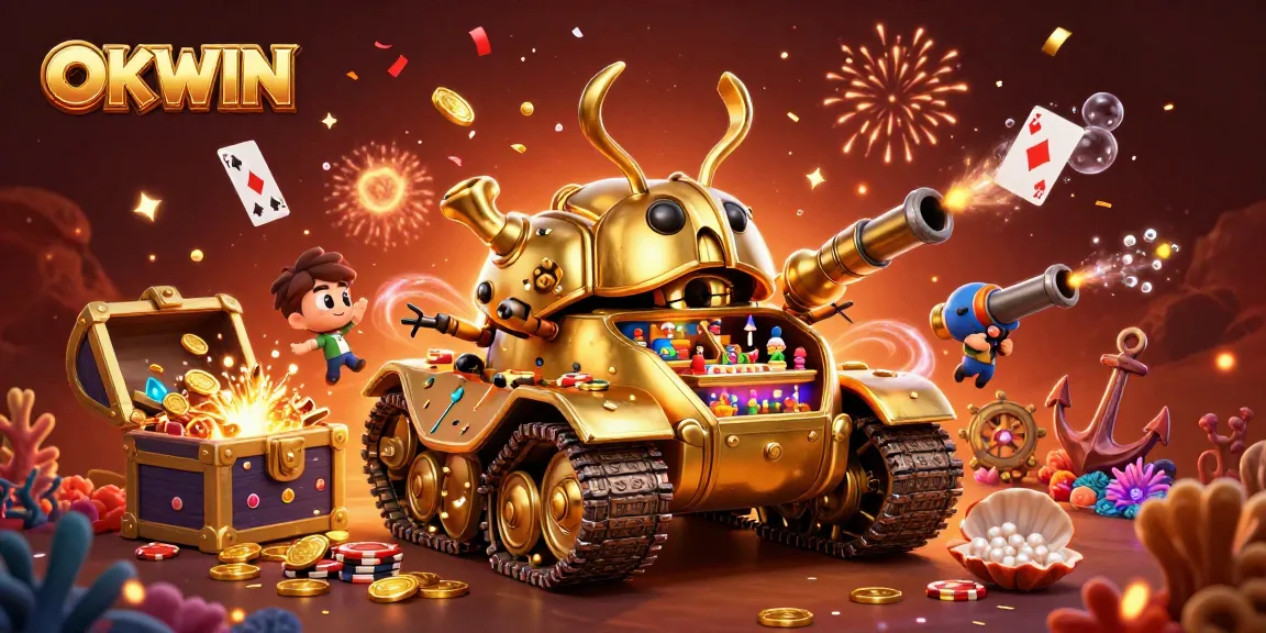 Experience fun and excitement with OKWIN's immersive 3D casino illustration featuring a unique beetle tank and casino elements.