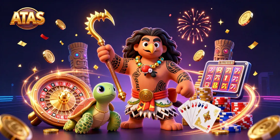 Engage with ATAS Casino's vibrant illustration of a demigod and turtle amid dynamic gambling elements.