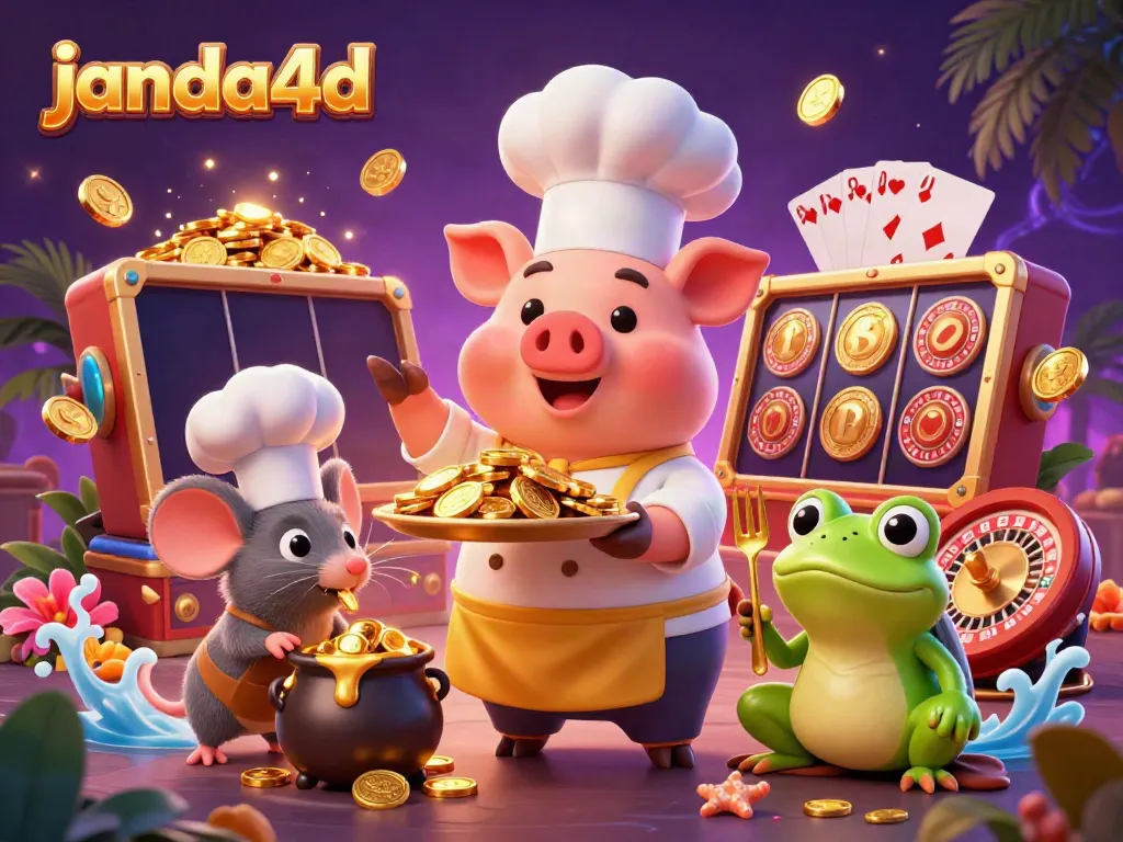 Ilustrasi chef babi 3D menyajikan koin emas, di dunia permainan janda4d yang penuh warna