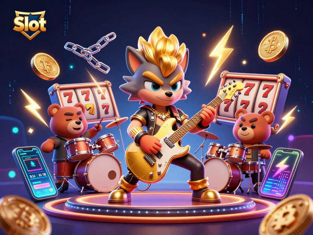 Experience thrilling Slot action with a rock star wolf and bear amid vibrant casino visuals.