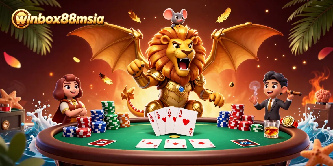 Winbox88msia casino scene featuring a chimera with a mouse jockey, poker elements, and dynamic energy.