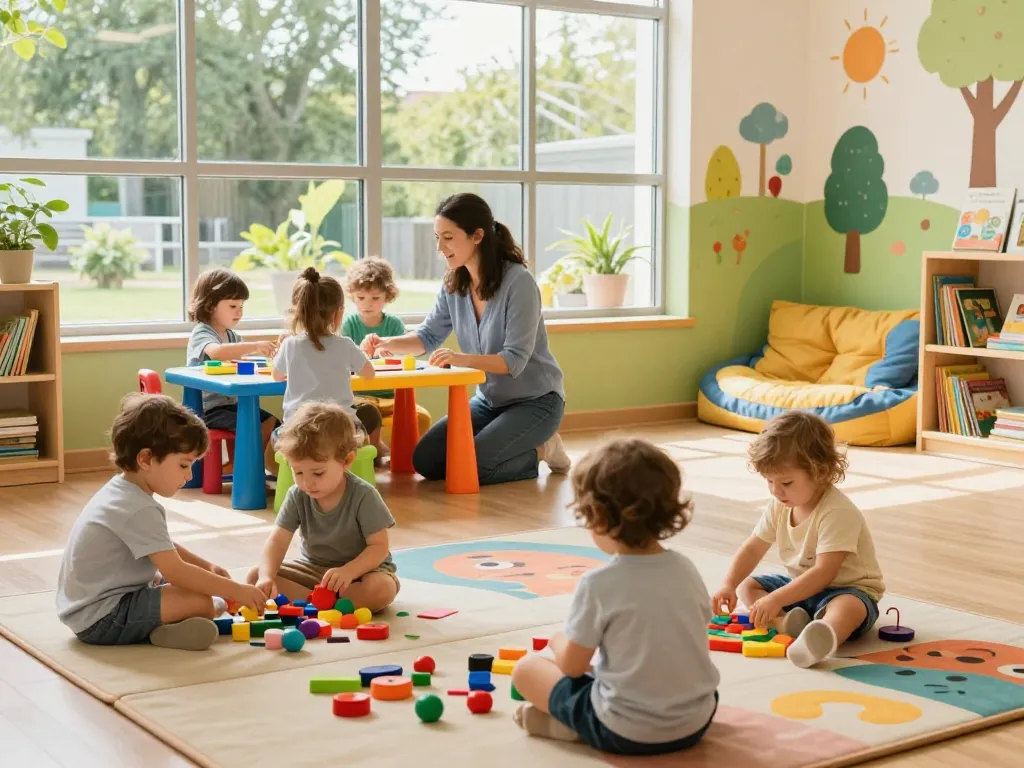 Children exploring educational toys at A Child's Dream Nursery with panen178 in a vibrant, nurturing environment