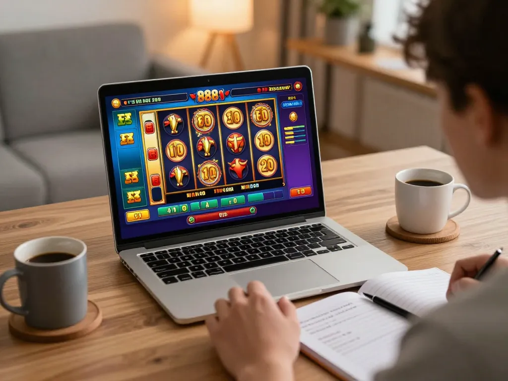 Player enjoying slot88 gaming on a laptop, showcasing excitement and strategy in online gambling.