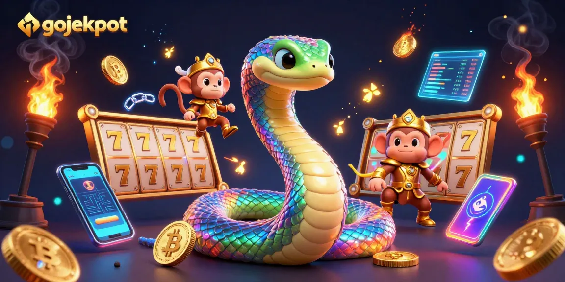 Engage with gojekpot through exciting slot games, featuring a vibrant scene of a magical serpent.
