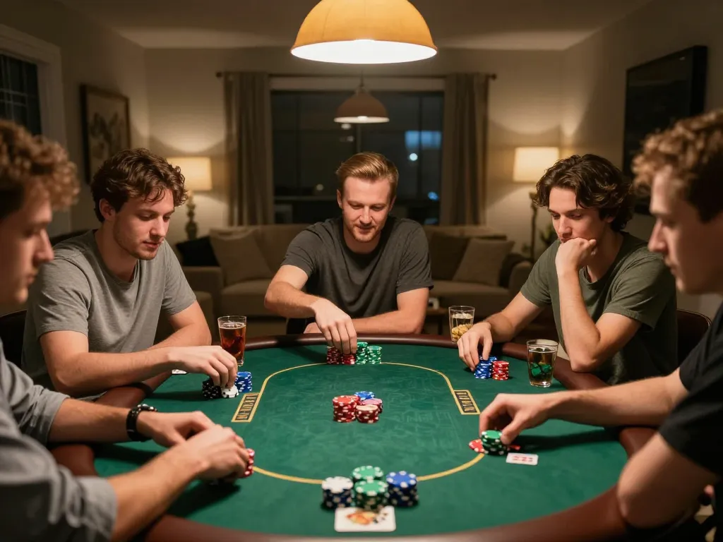 Friends enjoy poker night at home, highlighting kkwin gaming atmosphere with exciting gameplay