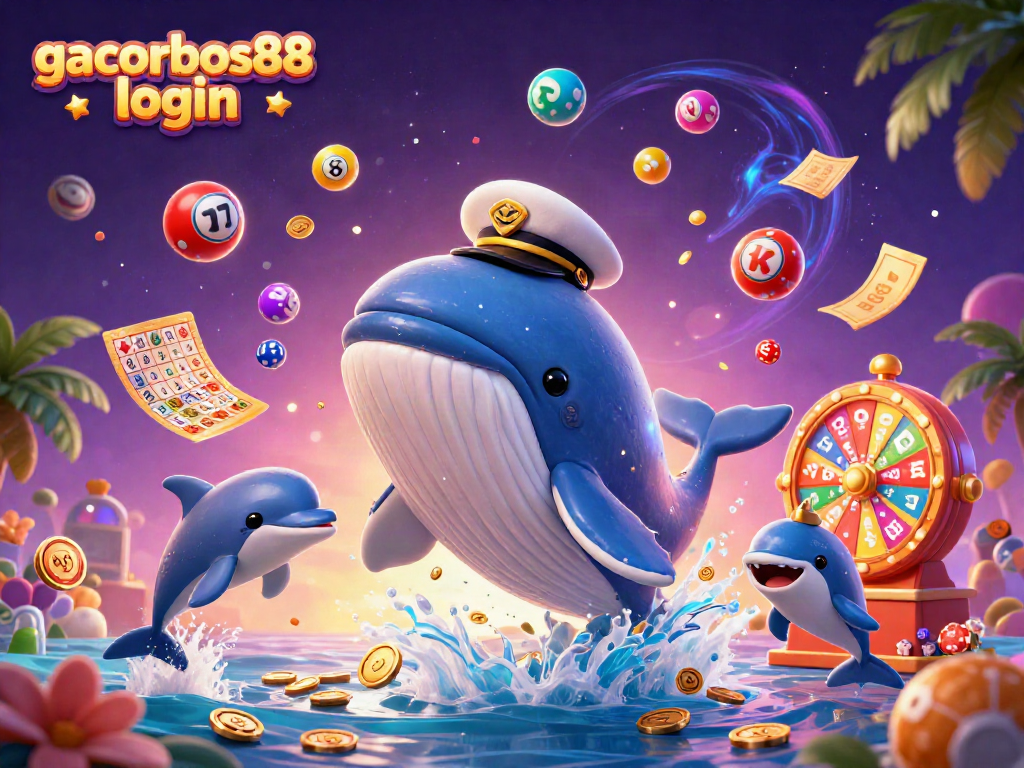 Playful dolphins and giant whale lead the way to gacorbos88 login with vibrant casino elements